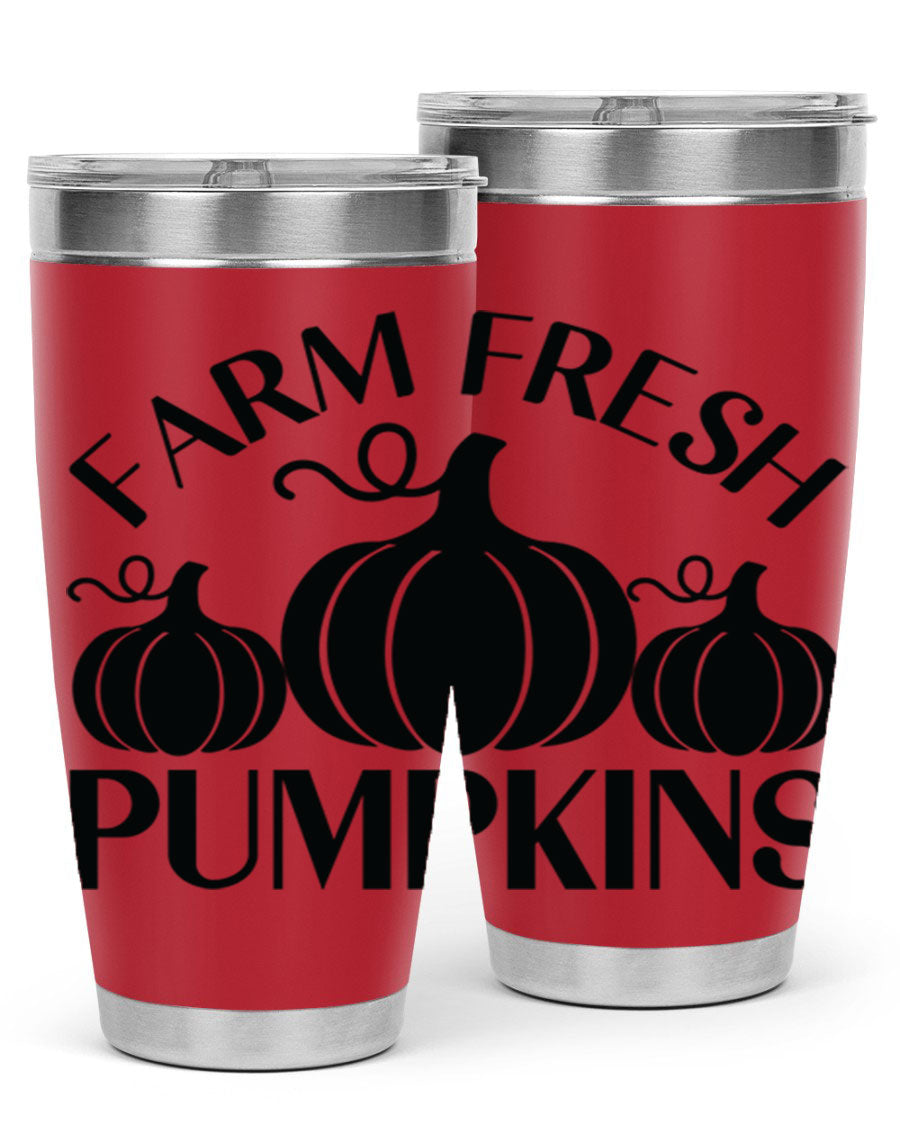 Farm Fresh Pumpkins 20oz tumbler featuring a vibrant pumpkin design, double wall vacuum stainless steel construction, and a drink-thru lid.