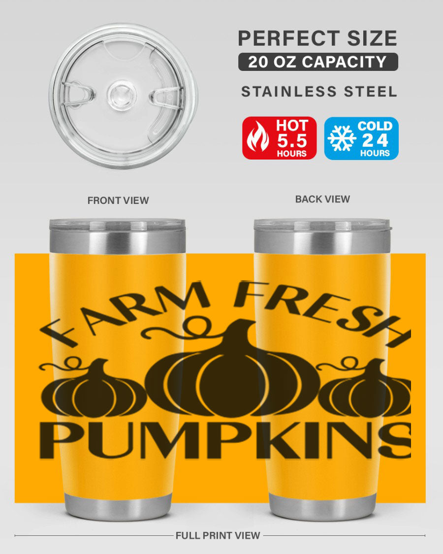 Farm Fresh Pumpkins 20oz tumbler featuring a vibrant pumpkin design, double wall vacuum stainless steel construction, and a drink-thru lid.