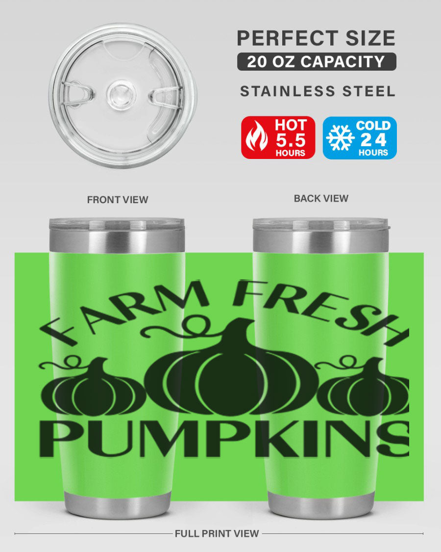 Farm Fresh Pumpkins 20oz tumbler featuring a vibrant pumpkin design, double wall vacuum stainless steel construction, and a drink-thru lid.