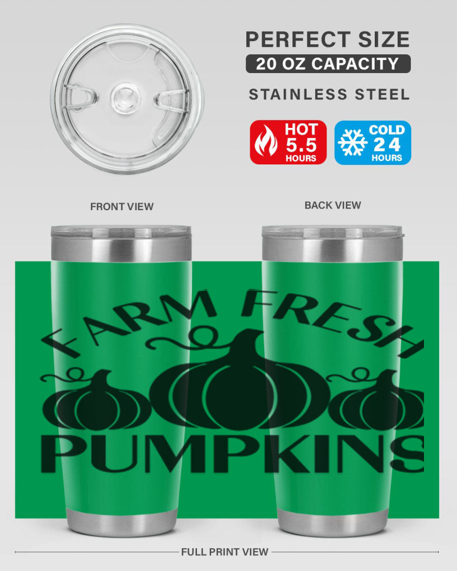 Farm Fresh Pumpkins 20oz tumbler featuring a vibrant pumpkin design, double wall vacuum stainless steel construction, and a drink-thru lid.