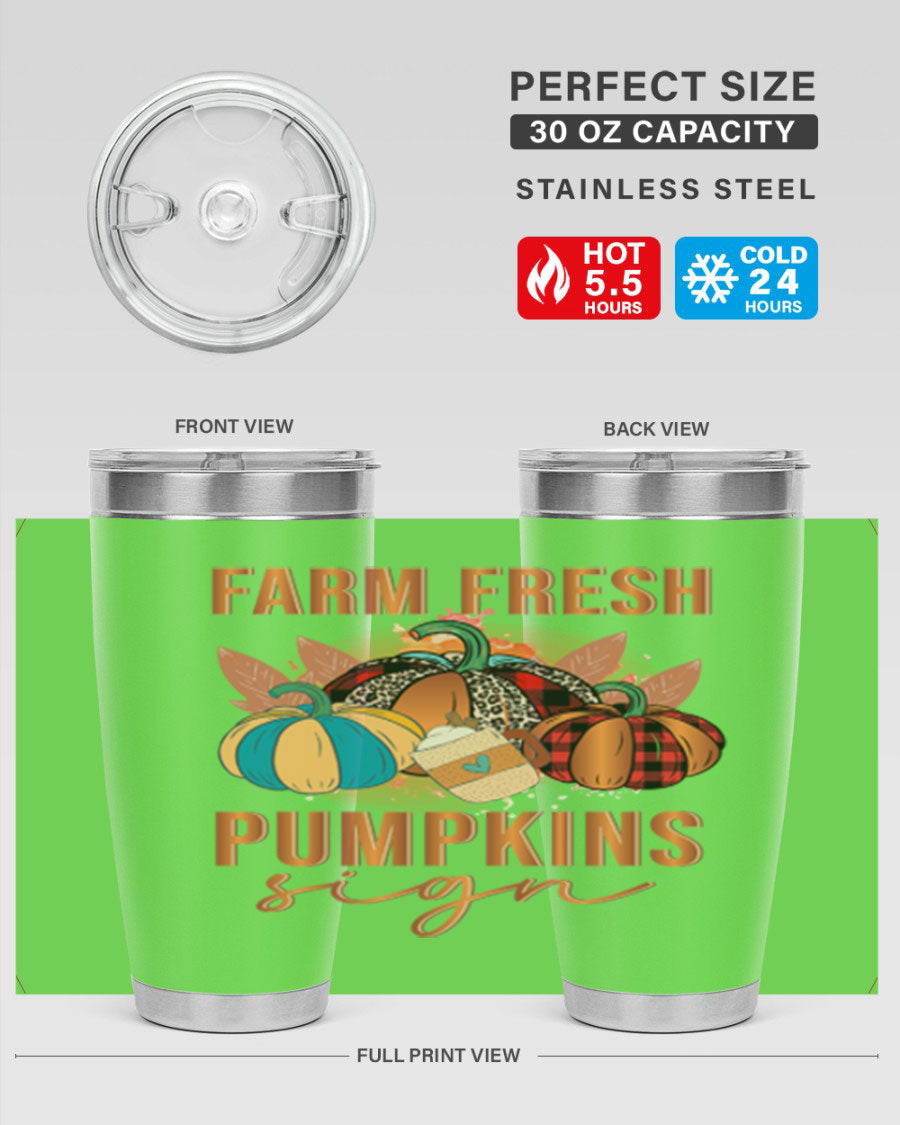 Farm Fresh Pumpkins Sign tumbler featuring a vibrant pumpkin design, made from stainless steel with a drink-thru lid.