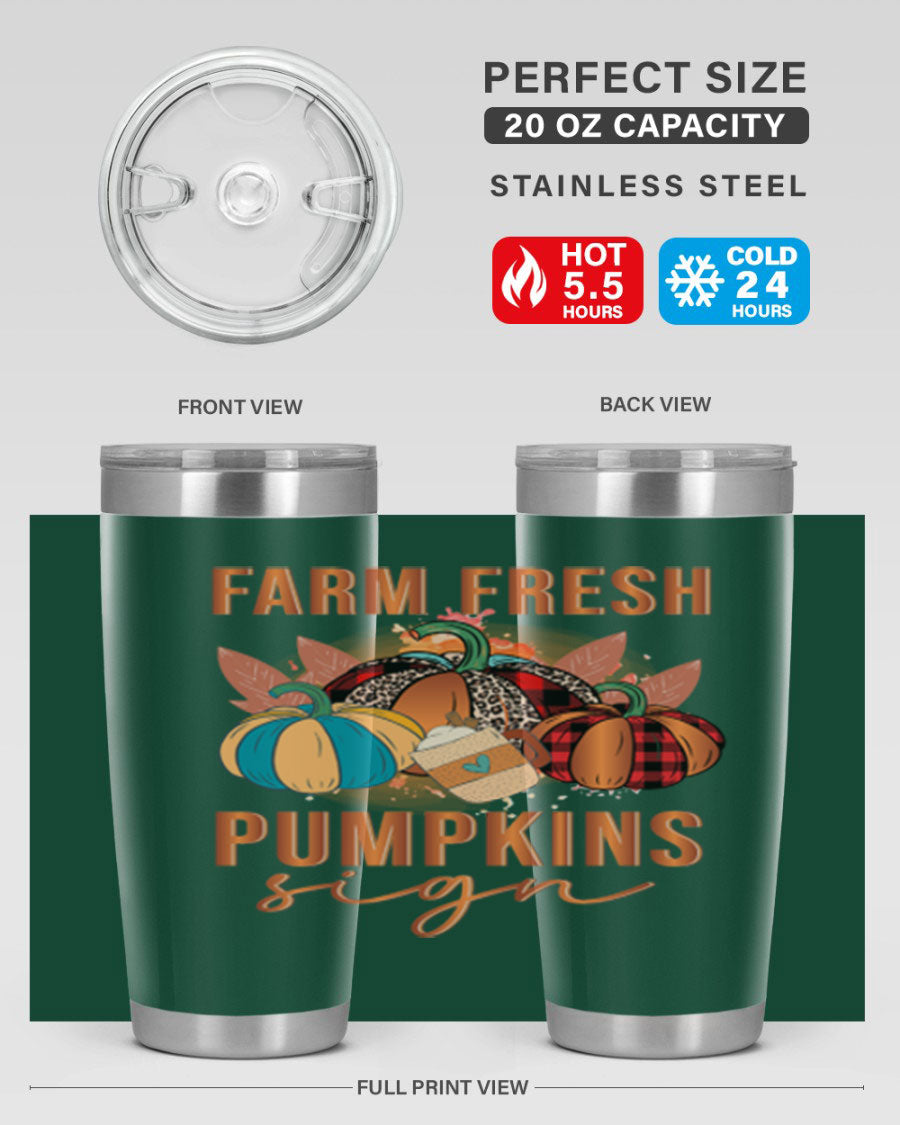 Farm Fresh Pumpkins Sign tumbler featuring a vibrant pumpkin design, made from stainless steel with a drink-thru lid.