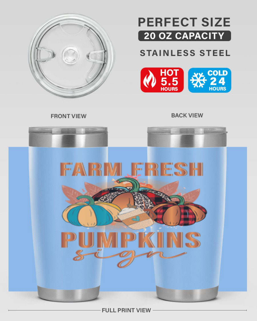 Farm Fresh Pumpkins Sign tumbler featuring a vibrant pumpkin design, made from stainless steel with a drink-thru lid.