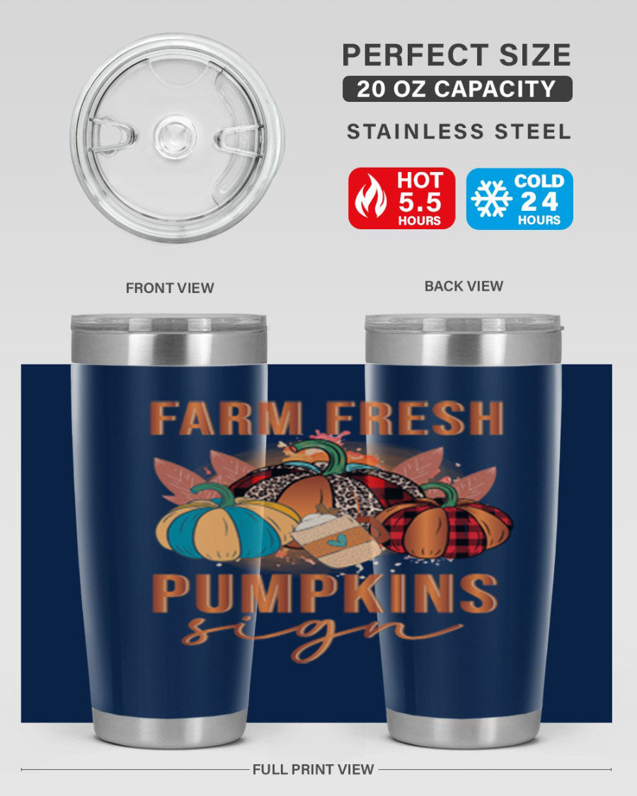 Farm Fresh Pumpkins Sign tumbler featuring a vibrant pumpkin design, made from stainless steel with a drink-thru lid.
