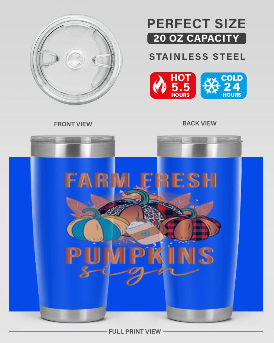 Farm Fresh Pumpkins Sign tumbler featuring a vibrant pumpkin design, made from stainless steel with a drink-thru lid.