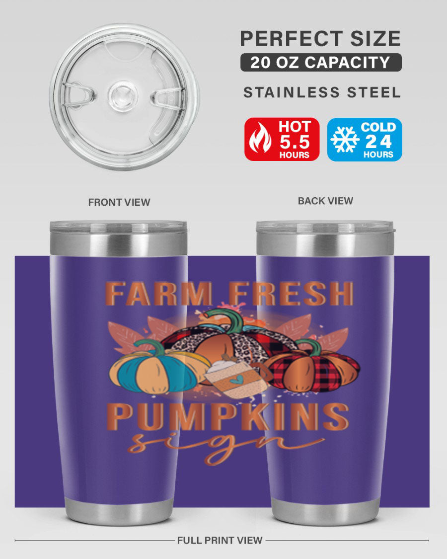 Farm Fresh Pumpkins Sign tumbler featuring a vibrant pumpkin design, made from stainless steel with a drink-thru lid.
