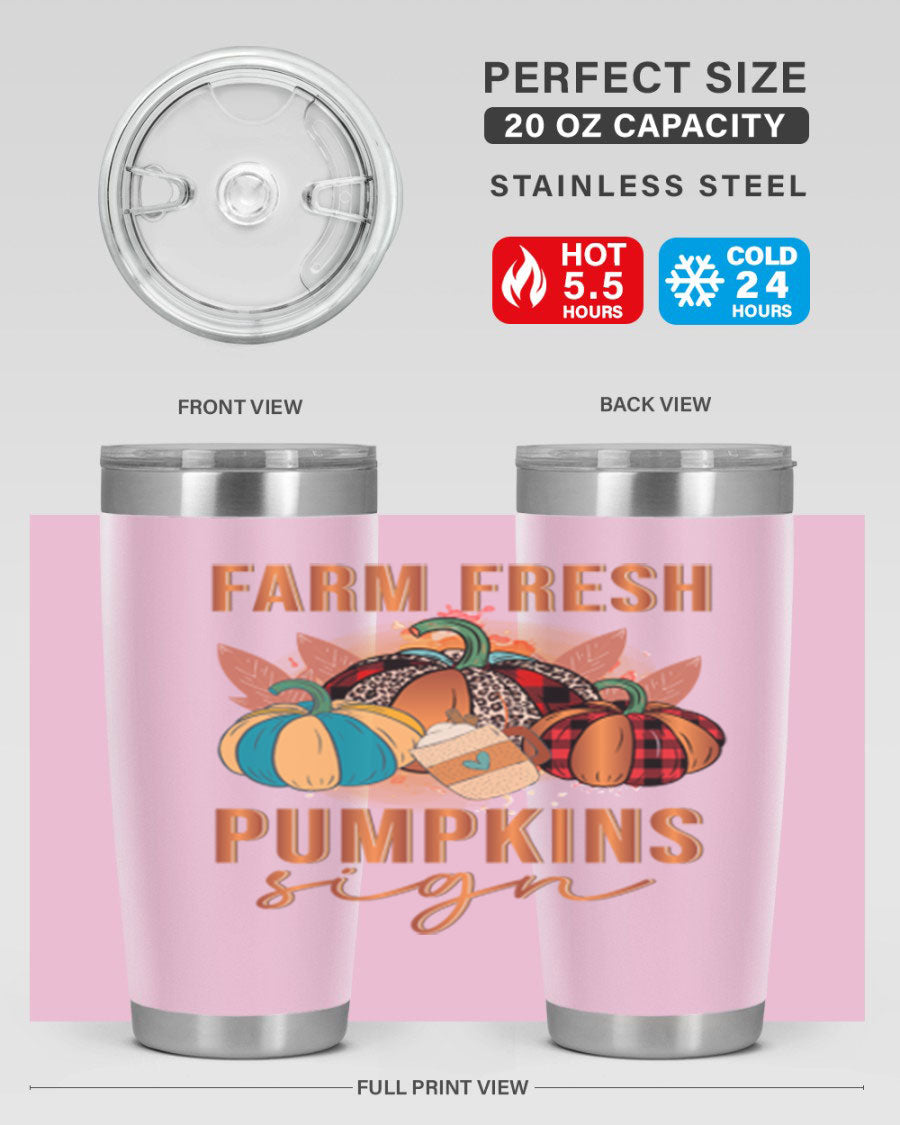 Farm Fresh Pumpkins Sign tumbler featuring a vibrant pumpkin design, made from stainless steel with a drink-thru lid.