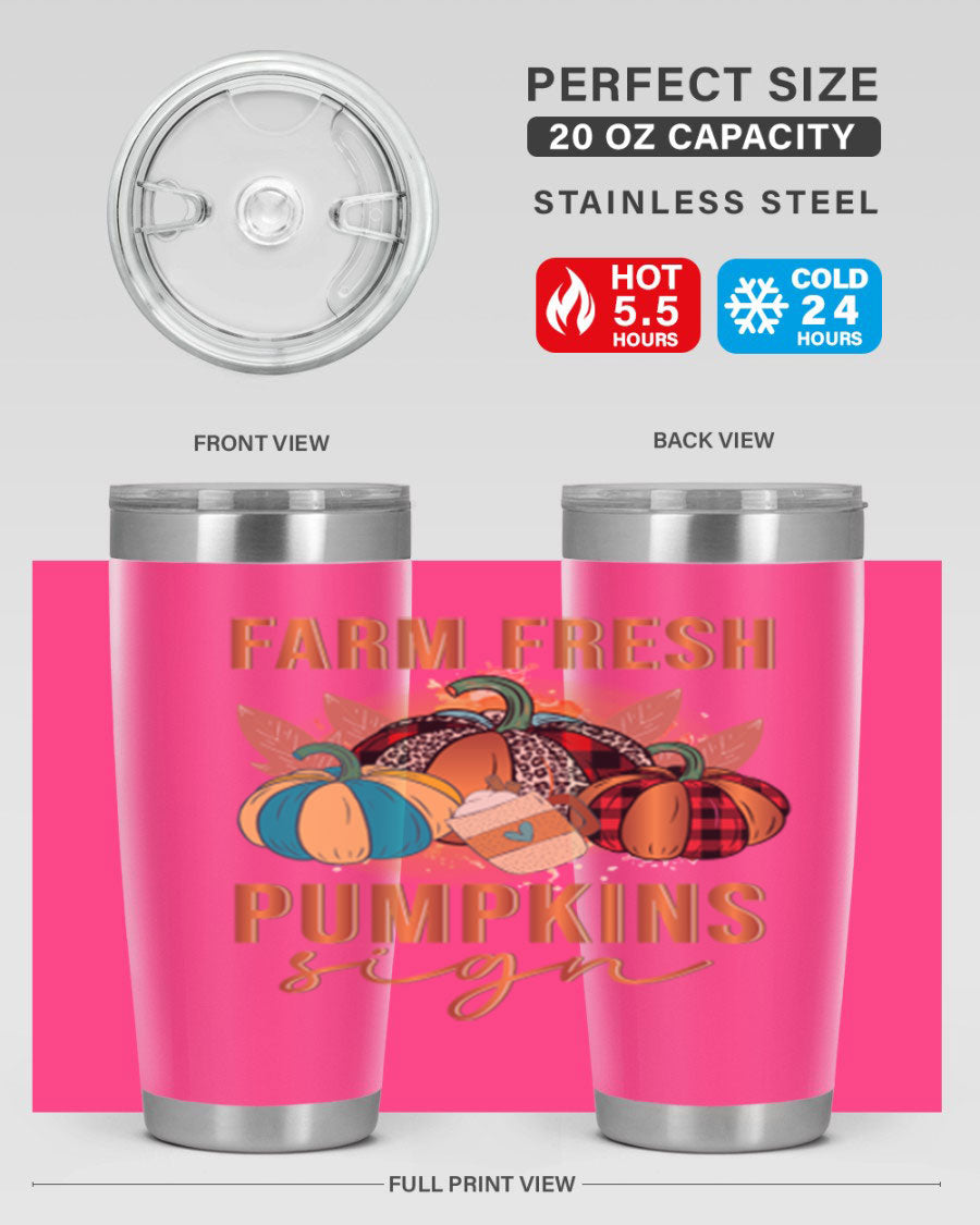 Farm Fresh Pumpkins Sign tumbler featuring a vibrant pumpkin design, made from stainless steel with a drink-thru lid.