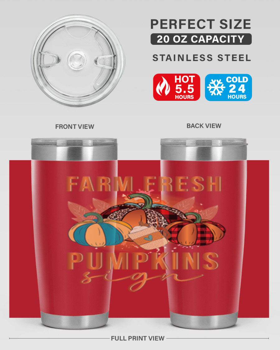 Farm Fresh Pumpkins Sign tumbler featuring a vibrant pumpkin design, made from stainless steel with a drink-thru lid.