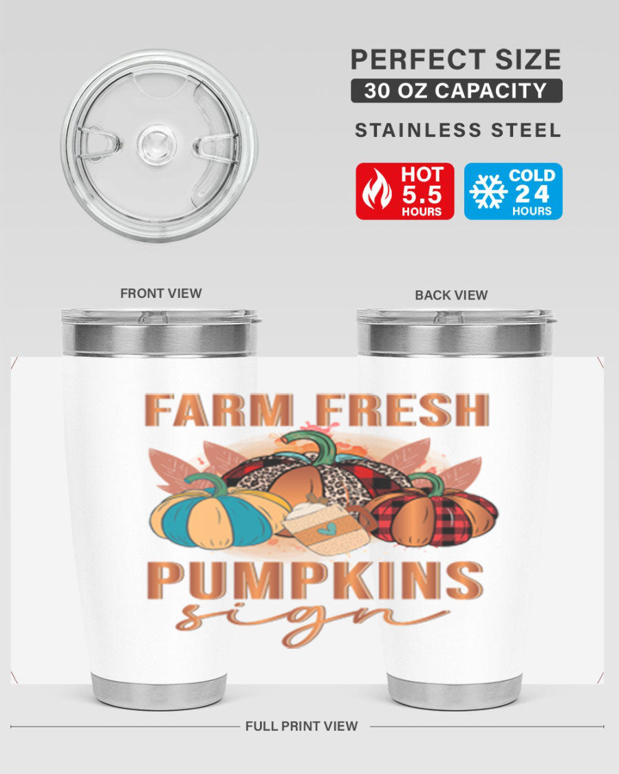 Farm Fresh Pumpkins Sign tumbler featuring a vibrant pumpkin design, made from stainless steel with a drink-thru lid.