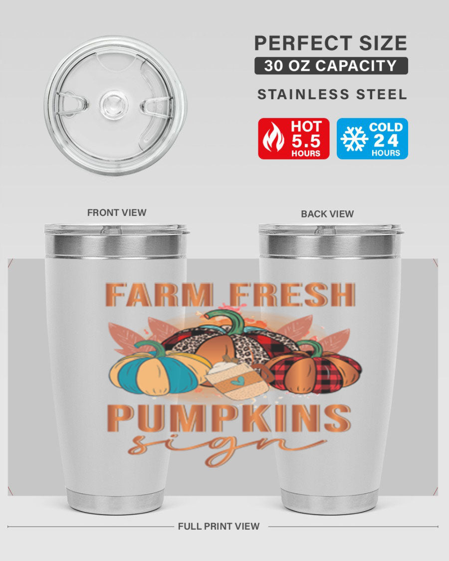 Farm Fresh Pumpkins Sign tumbler featuring a vibrant pumpkin design, made from stainless steel with a drink-thru lid.