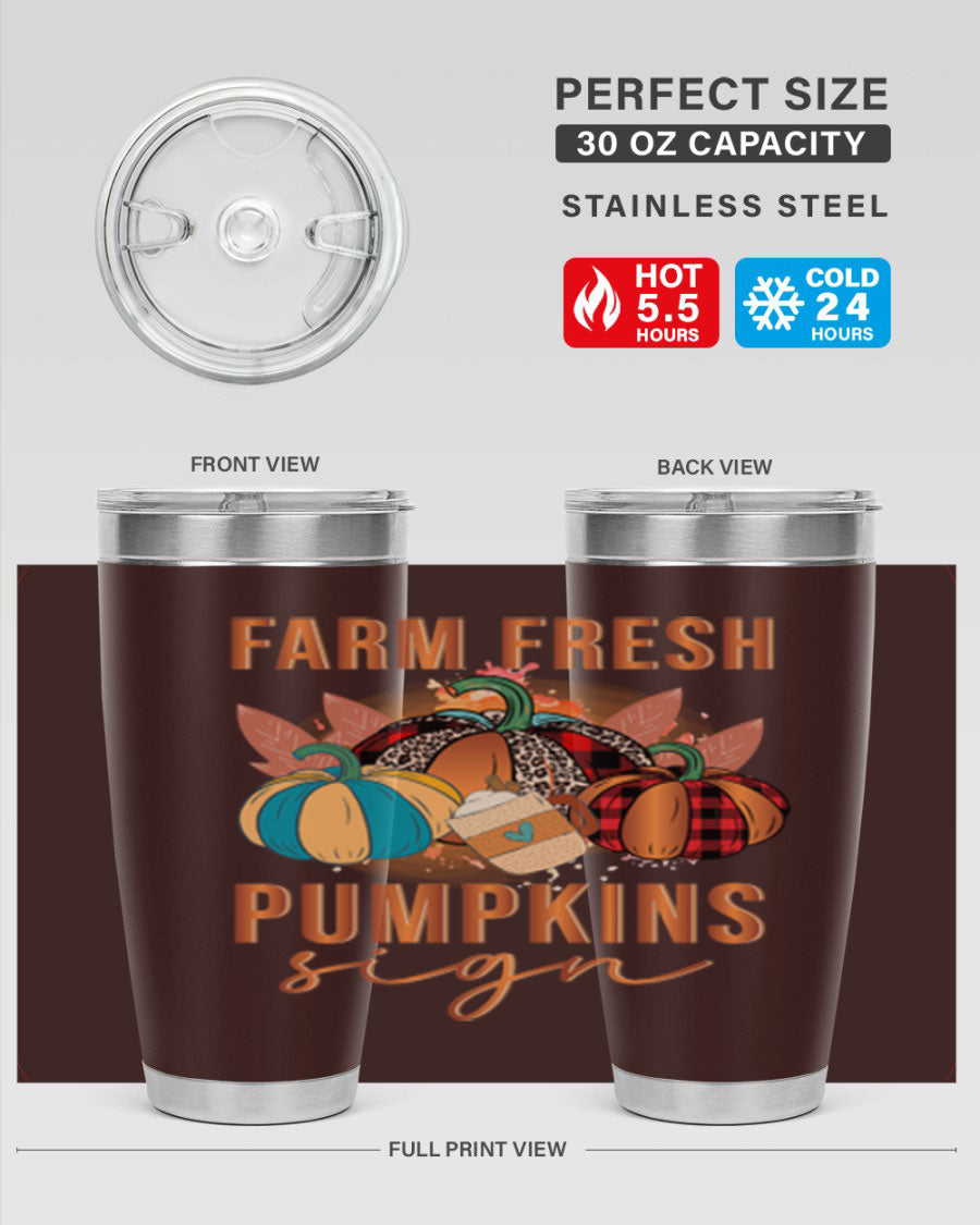 Farm Fresh Pumpkins Sign tumbler featuring a vibrant pumpkin design, made from stainless steel with a drink-thru lid.