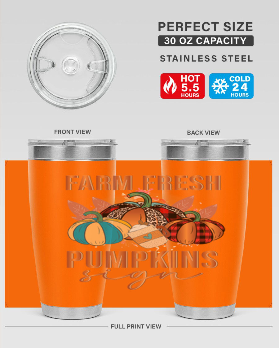 Farm Fresh Pumpkins Sign tumbler featuring a vibrant pumpkin design, made from stainless steel with a drink-thru lid.