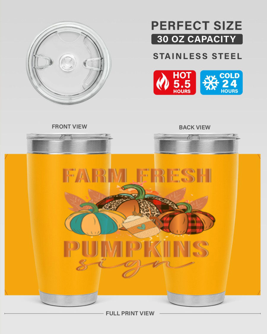 Farm Fresh Pumpkins Sign tumbler featuring a vibrant pumpkin design, made from stainless steel with a drink-thru lid.