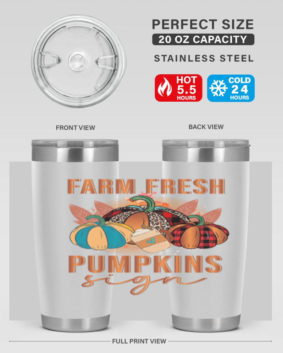 Farm Fresh Pumpkins Sign tumbler featuring a vibrant pumpkin design, made from stainless steel with a drink-thru lid.