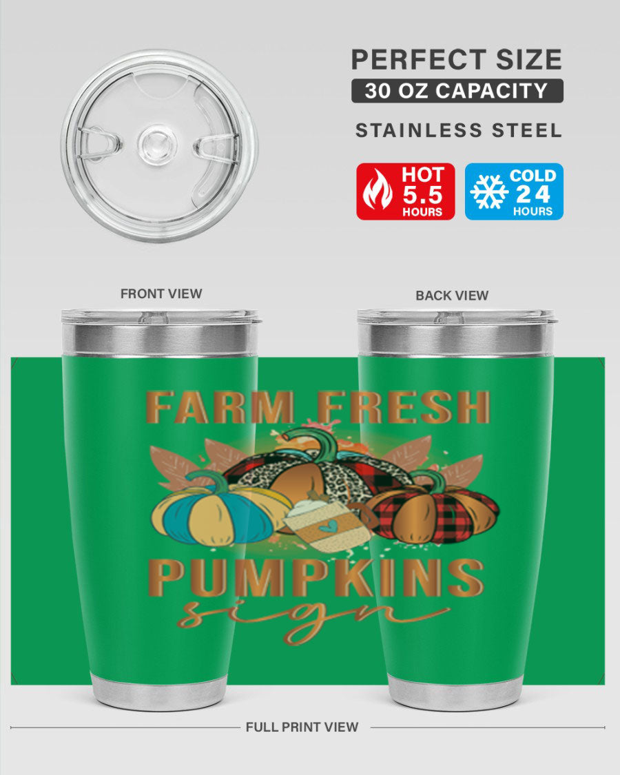 Farm Fresh Pumpkins Sign tumbler featuring a vibrant pumpkin design, made from stainless steel with a drink-thru lid.