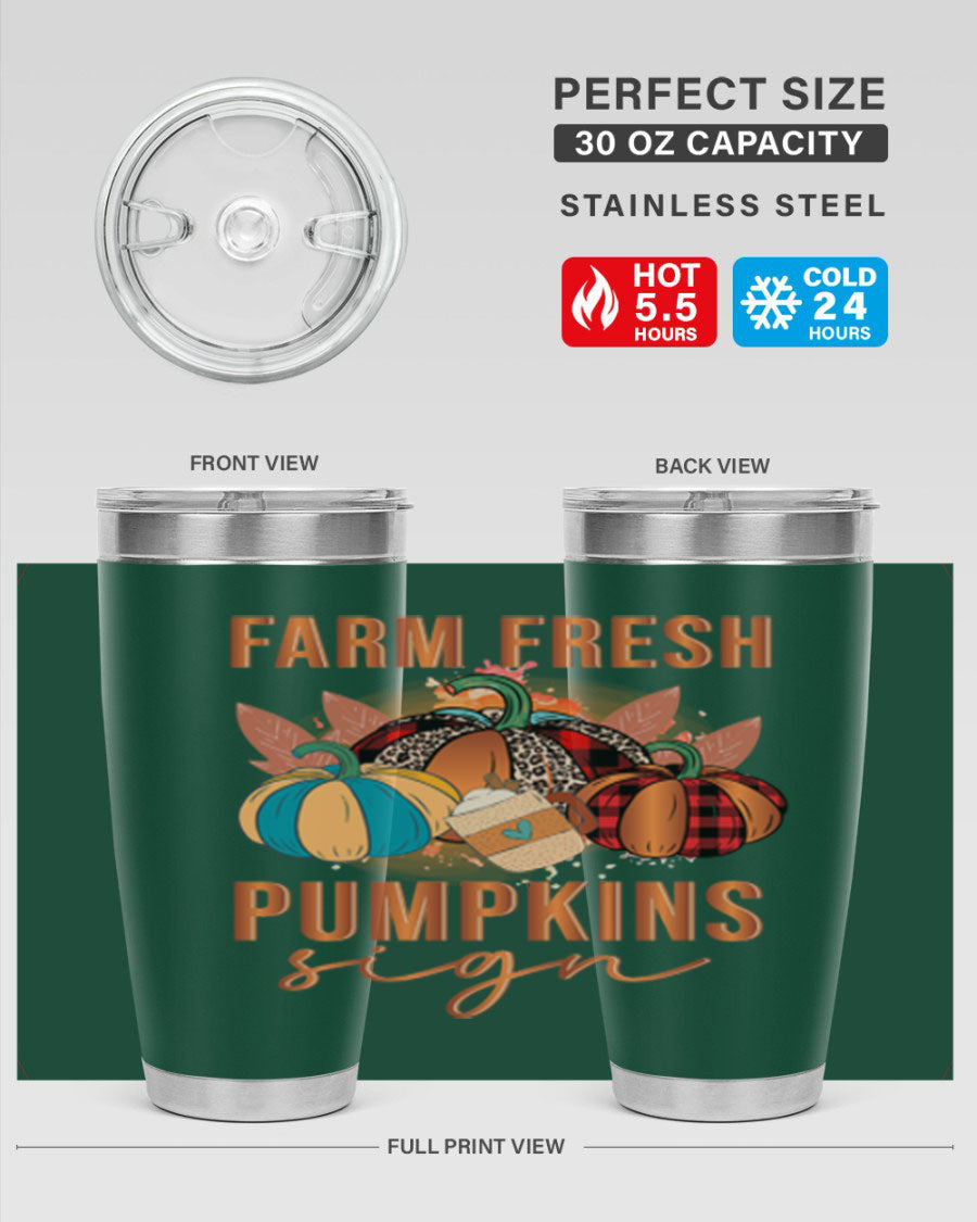 Farm Fresh Pumpkins Sign tumbler featuring a vibrant pumpkin design, made from stainless steel with a drink-thru lid.