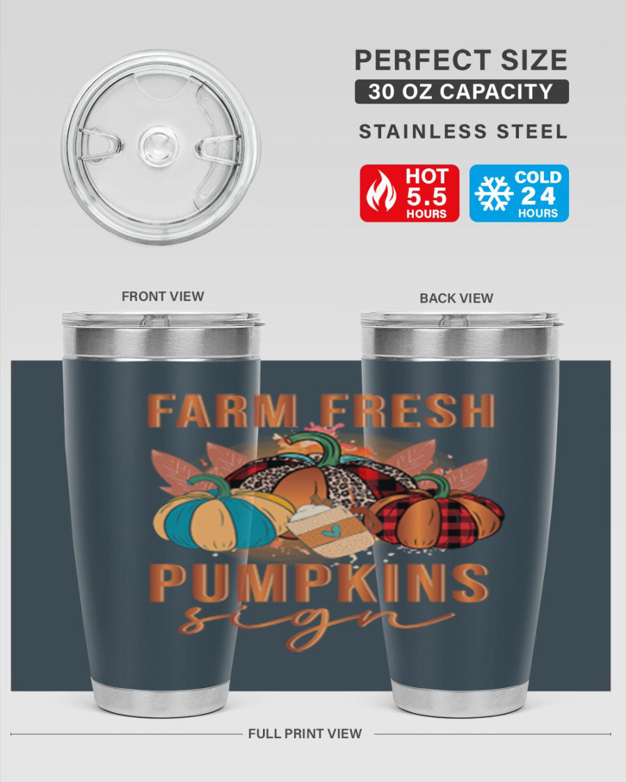 Farm Fresh Pumpkins Sign tumbler featuring a vibrant pumpkin design, made from stainless steel with a drink-thru lid.