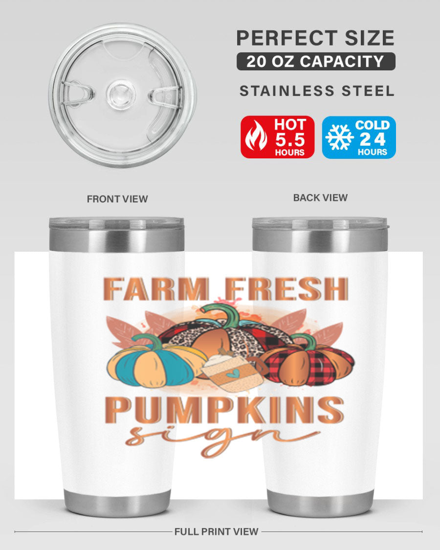Farm Fresh Pumpkins Sign tumbler featuring a vibrant pumpkin design, made from stainless steel with a drink-thru lid.