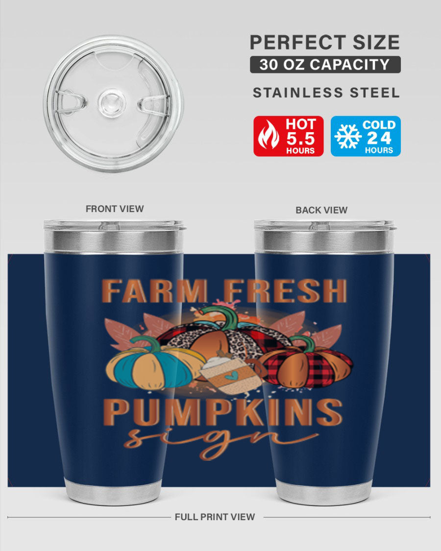 Farm Fresh Pumpkins Sign tumbler featuring a vibrant pumpkin design, made from stainless steel with a drink-thru lid.