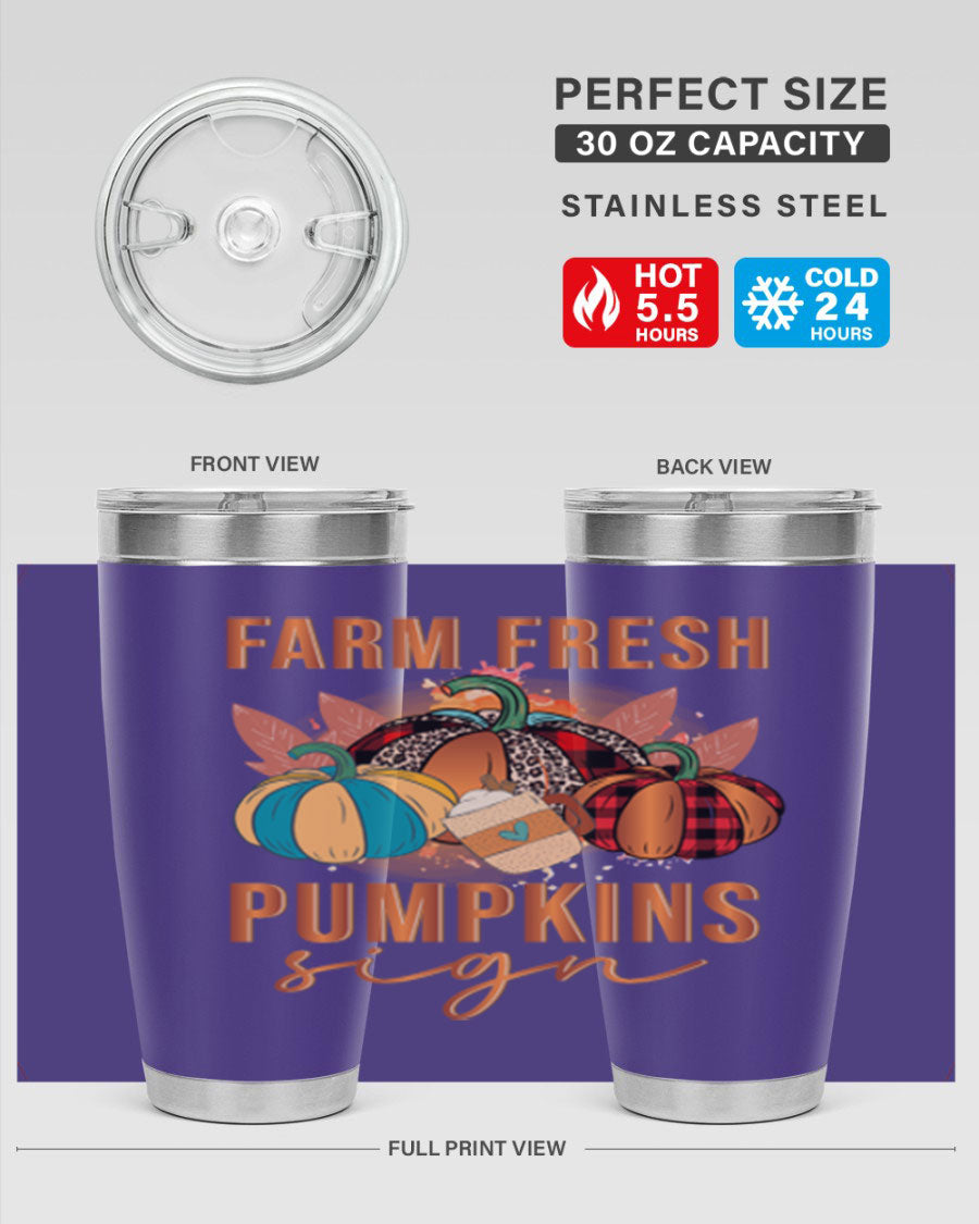 Farm Fresh Pumpkins Sign tumbler featuring a vibrant pumpkin design, made from stainless steel with a drink-thru lid.