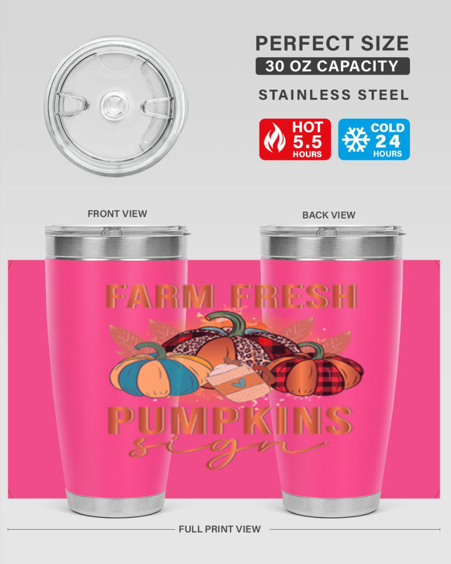 Farm Fresh Pumpkins Sign tumbler featuring a vibrant pumpkin design, made from stainless steel with a drink-thru lid.
