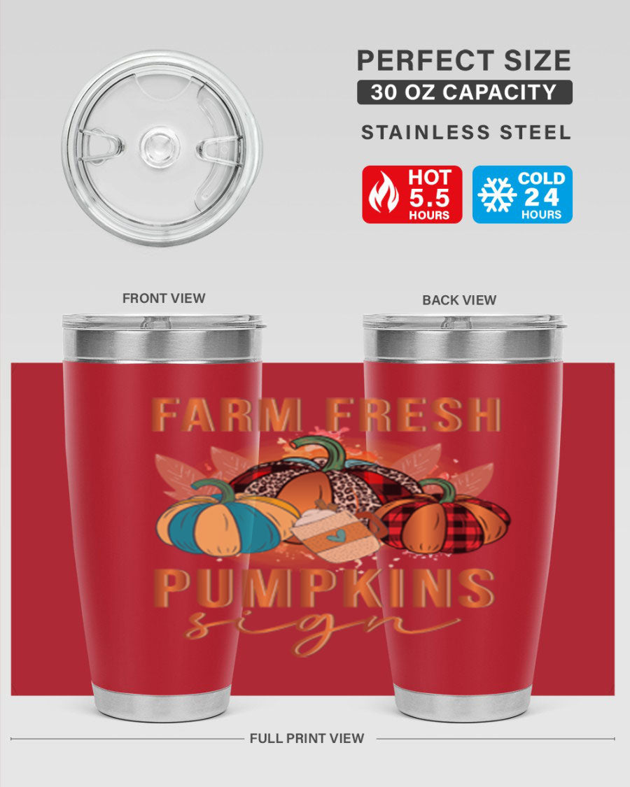 Farm Fresh Pumpkins Sign tumbler featuring a vibrant pumpkin design, made from stainless steel with a drink-thru lid.
