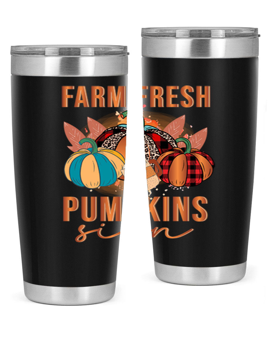Farm Fresh Pumpkins Sign tumbler featuring a vibrant pumpkin design, made from stainless steel with a drink-thru lid.