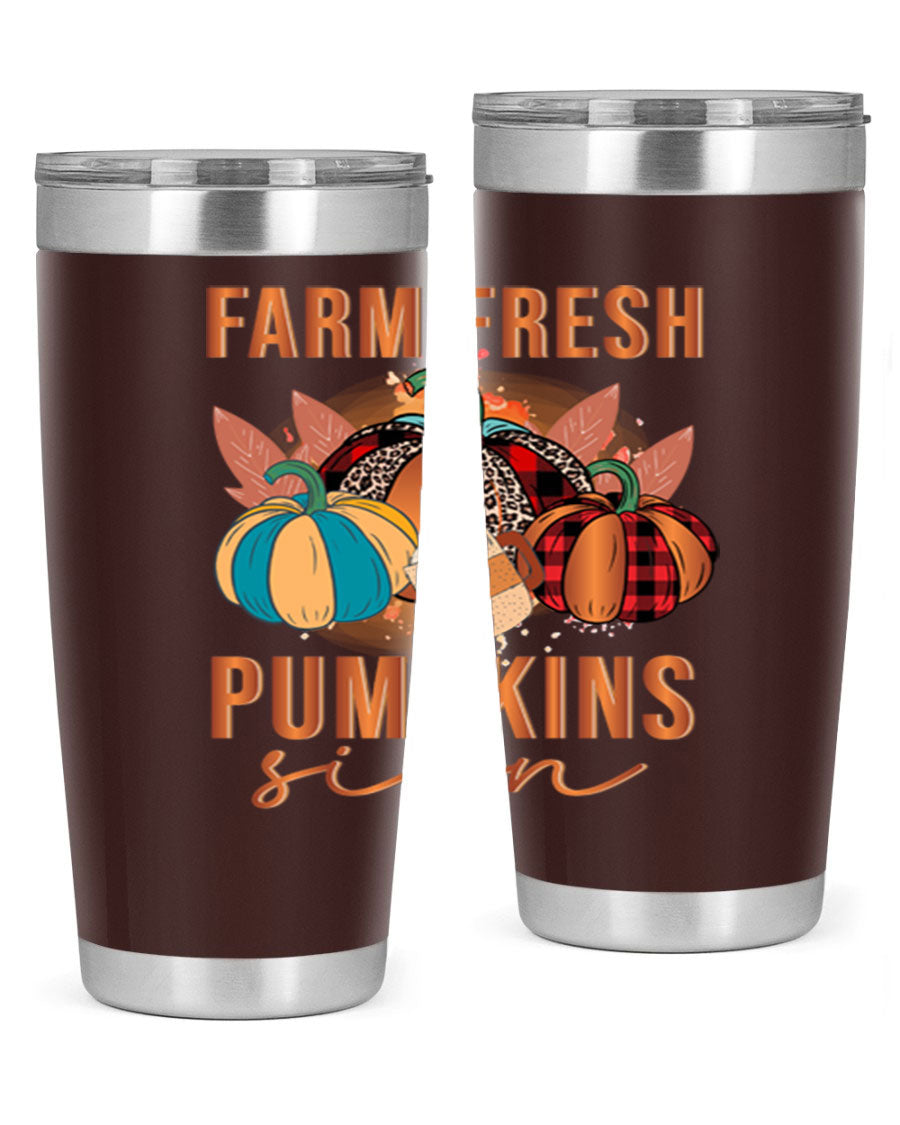 Farm Fresh Pumpkins Sign tumbler featuring a vibrant pumpkin design, made from stainless steel with a drink-thru lid.
