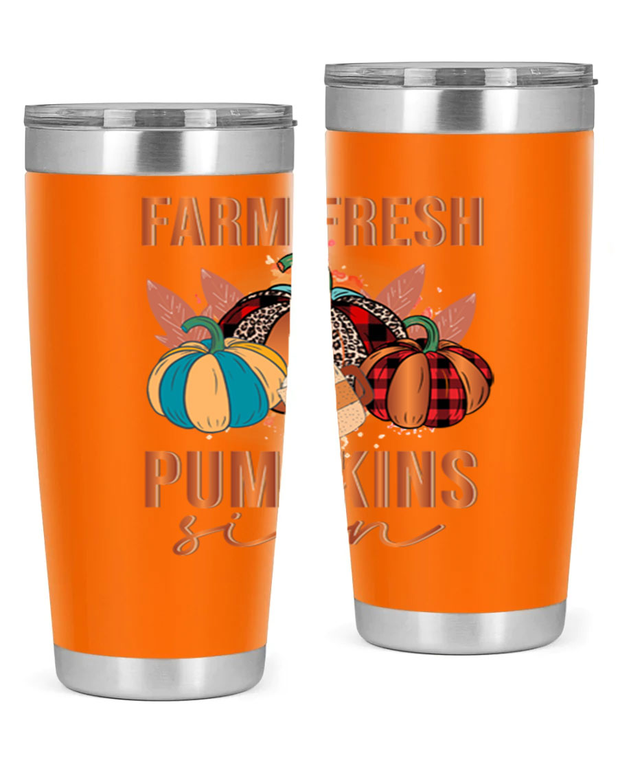 Farm Fresh Pumpkins Sign tumbler featuring a vibrant pumpkin design, made from stainless steel with a drink-thru lid.