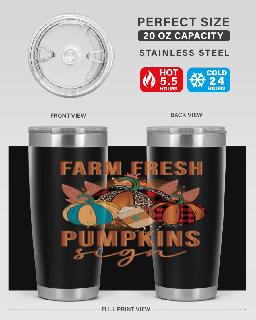 Farm Fresh Pumpkins Sign tumbler featuring a vibrant pumpkin design, made from stainless steel with a drink-thru lid.