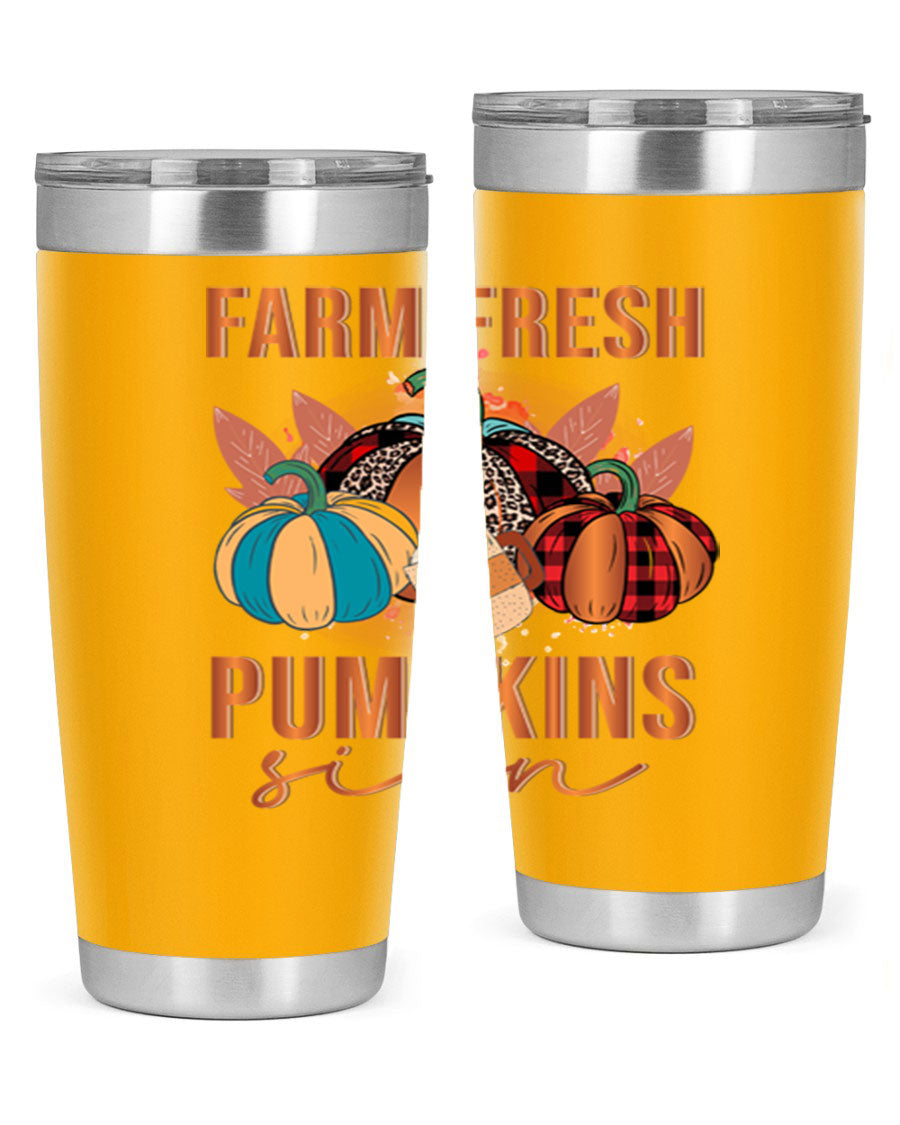 Farm Fresh Pumpkins Sign tumbler featuring a vibrant pumpkin design, made from stainless steel with a drink-thru lid.