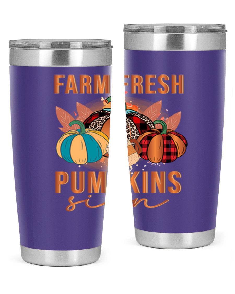 Farm Fresh Pumpkins Sign tumbler featuring a vibrant pumpkin design, made from stainless steel with a drink-thru lid.