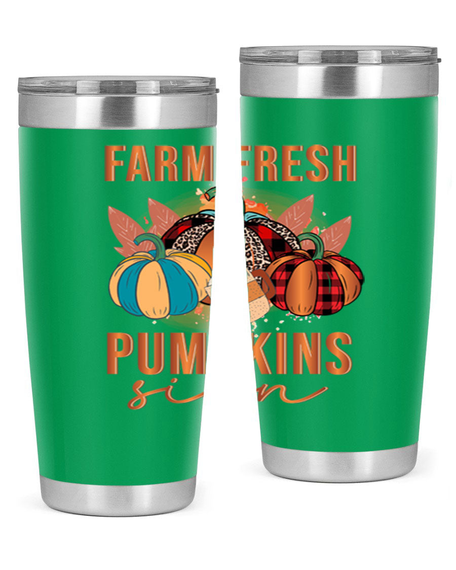 Farm Fresh Pumpkins Sign tumbler featuring a vibrant pumpkin design, made from stainless steel with a drink-thru lid.