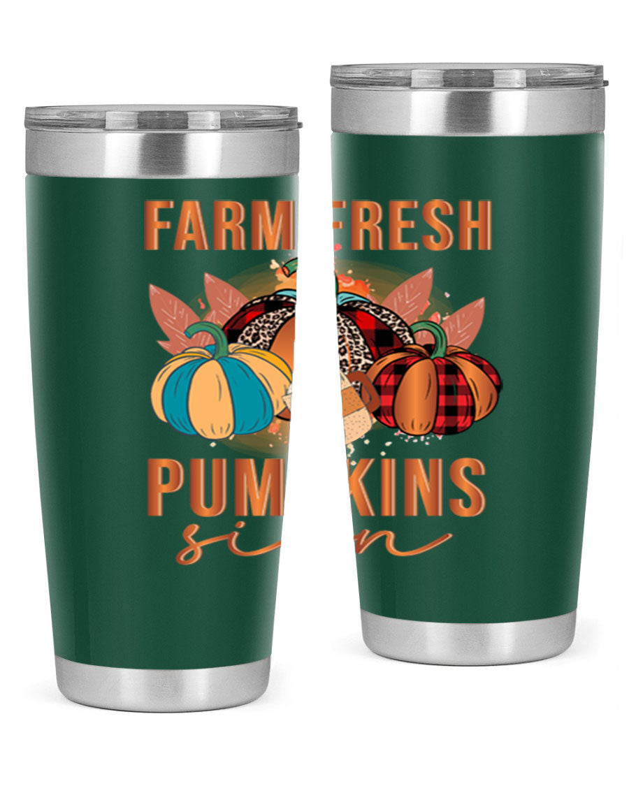 Farm Fresh Pumpkins Sign tumbler featuring a vibrant pumpkin design, made from stainless steel with a drink-thru lid.