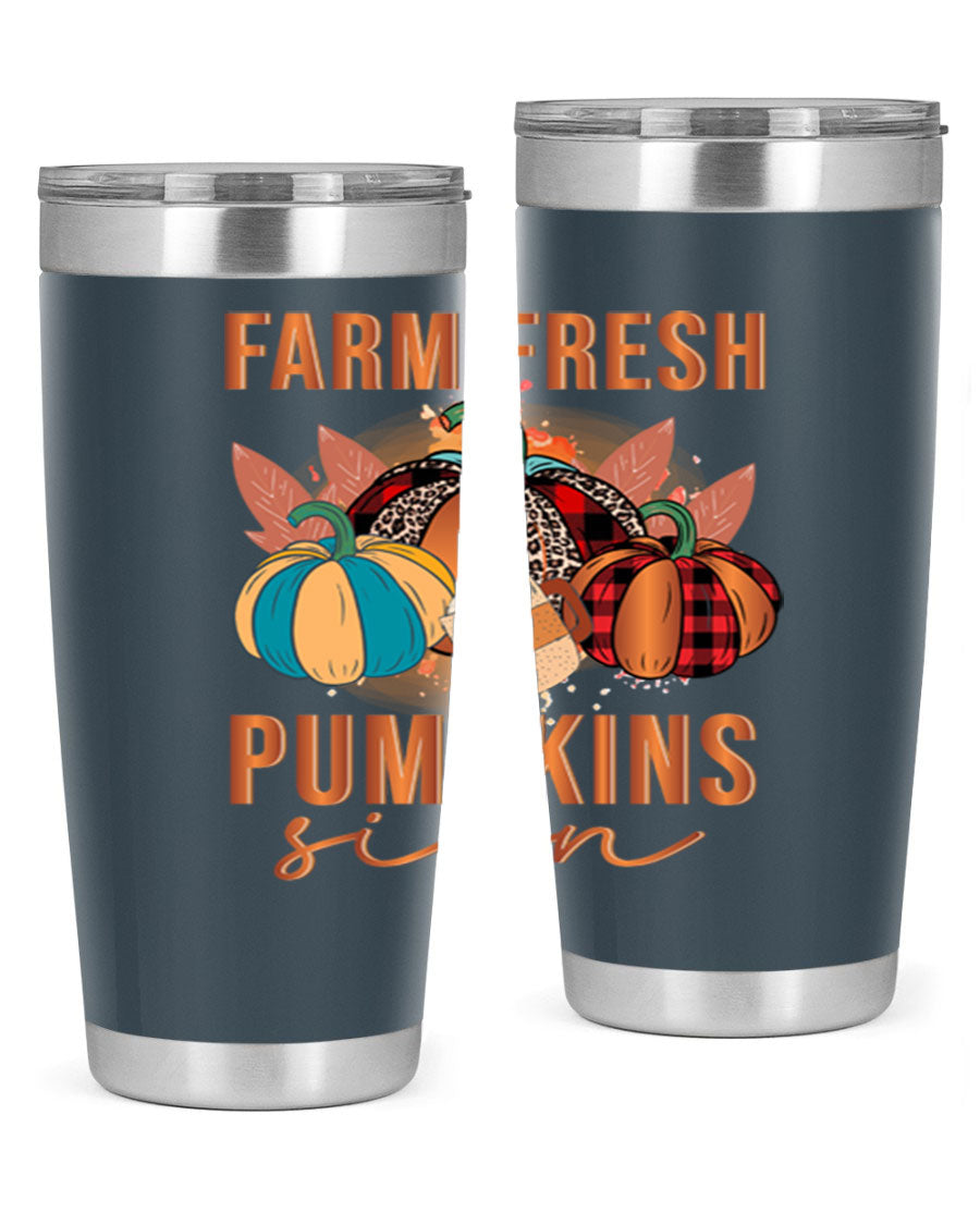 Farm Fresh Pumpkins Sign tumbler featuring a vibrant pumpkin design, made from stainless steel with a drink-thru lid.