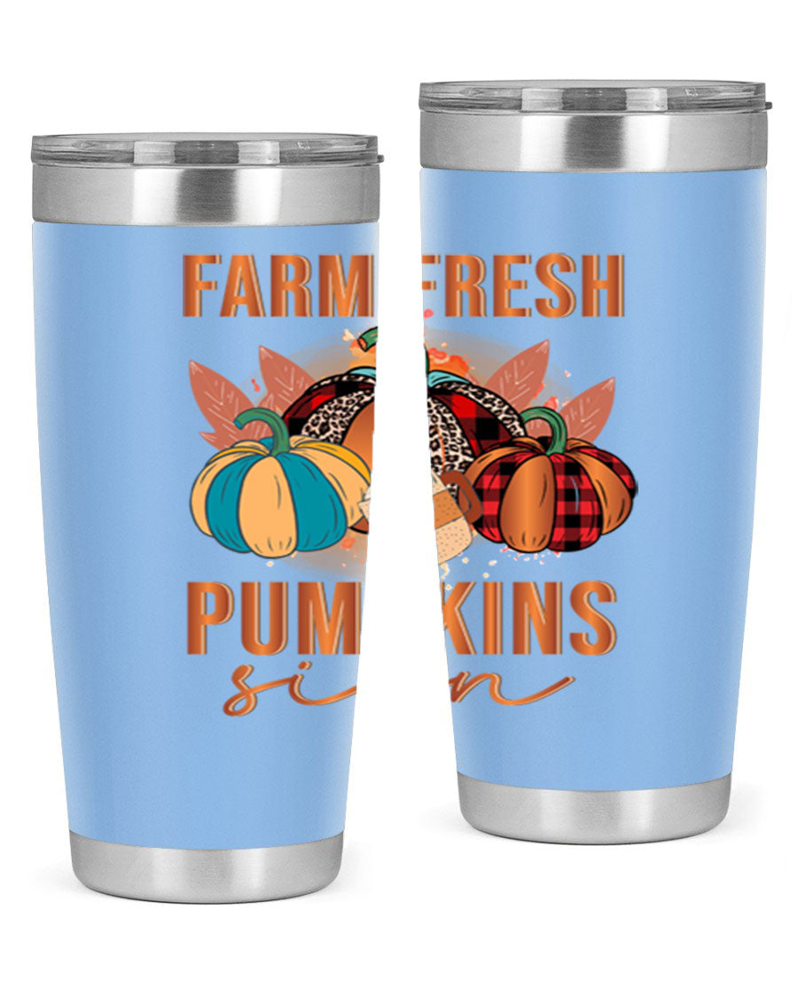 Farm Fresh Pumpkins Sign tumbler featuring a vibrant pumpkin design, made from stainless steel with a drink-thru lid.