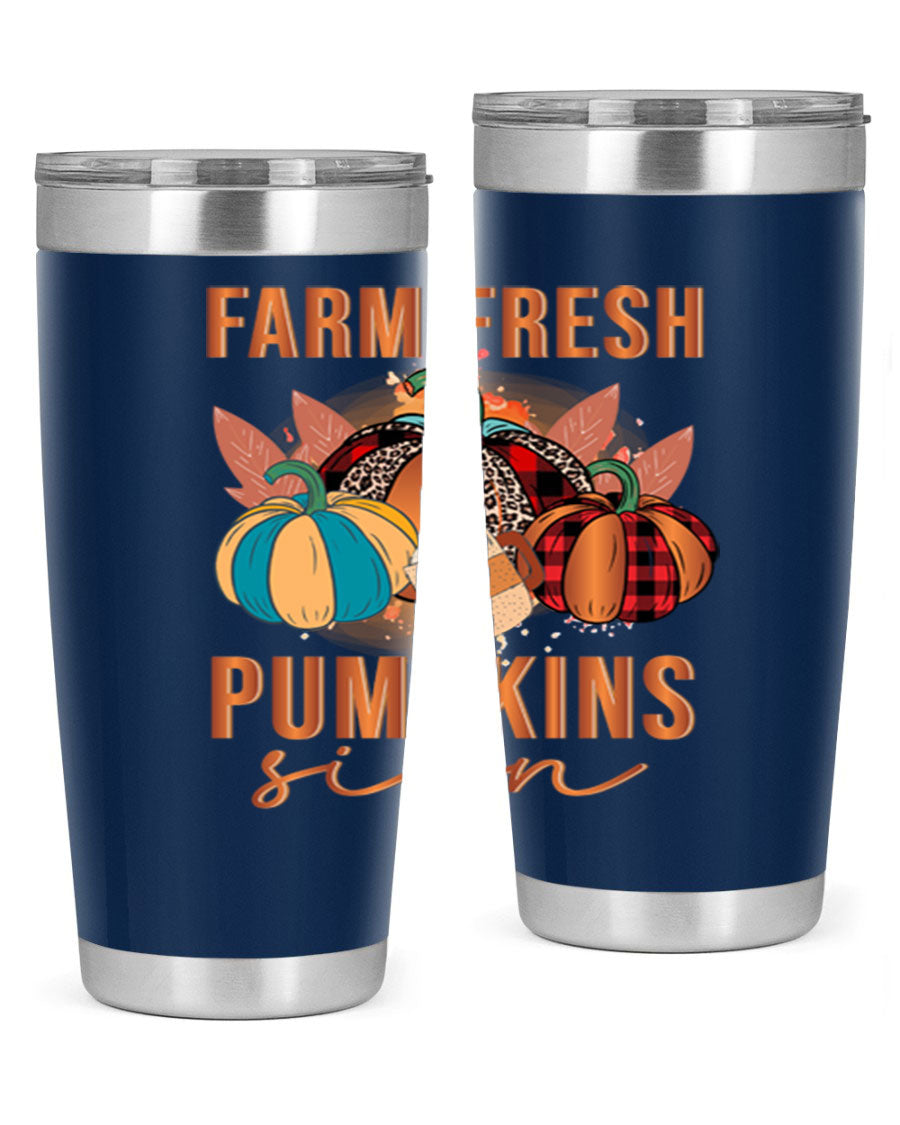 Farm Fresh Pumpkins Sign tumbler featuring a vibrant pumpkin design, made from stainless steel with a drink-thru lid.