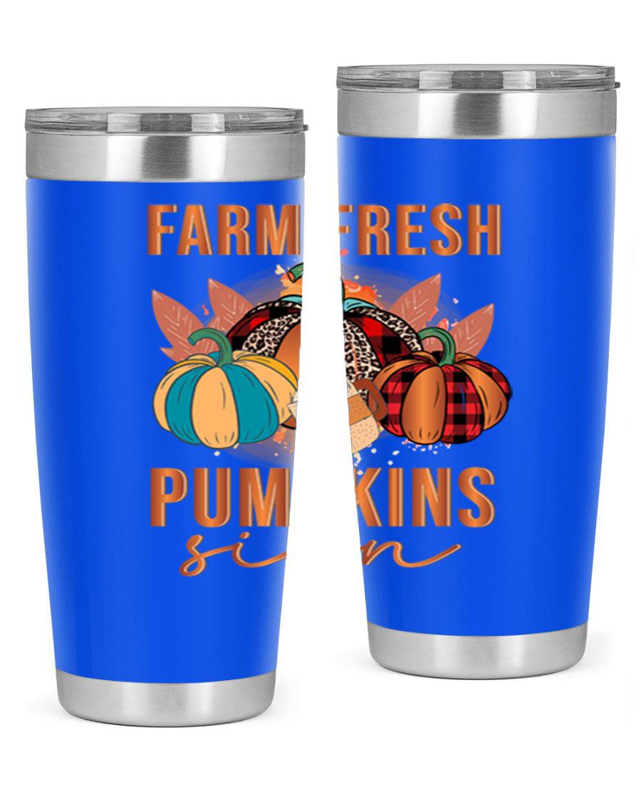 Farm Fresh Pumpkins Sign tumbler featuring a vibrant pumpkin design, made from stainless steel with a drink-thru lid.