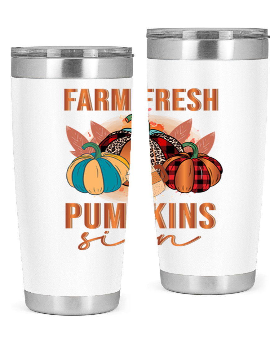 Farm Fresh Pumpkins Sign tumbler featuring a vibrant pumpkin design, made from stainless steel with a drink-thru lid.