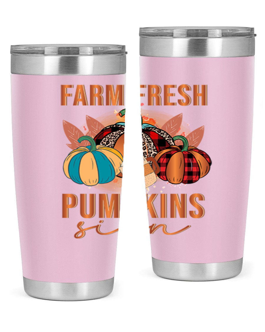 Farm Fresh Pumpkins Sign tumbler featuring a vibrant pumpkin design, made from stainless steel with a drink-thru lid.
