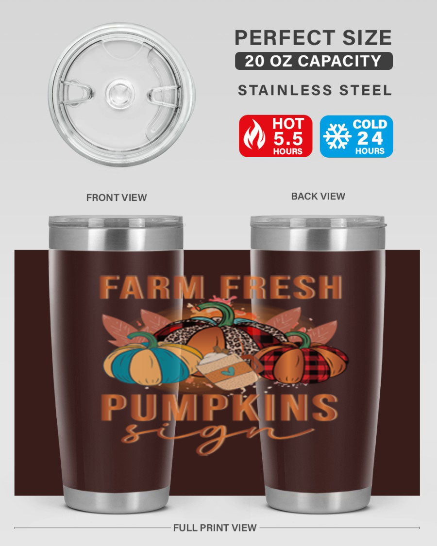 Farm Fresh Pumpkins Sign tumbler featuring a vibrant pumpkin design, made from stainless steel with a drink-thru lid.