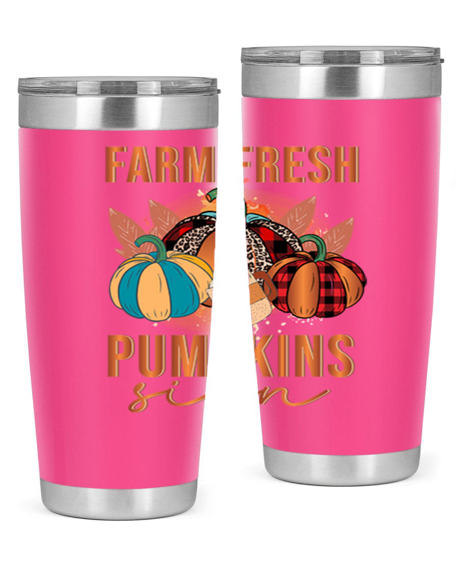 Farm Fresh Pumpkins Sign tumbler featuring a vibrant pumpkin design, made from stainless steel with a drink-thru lid.