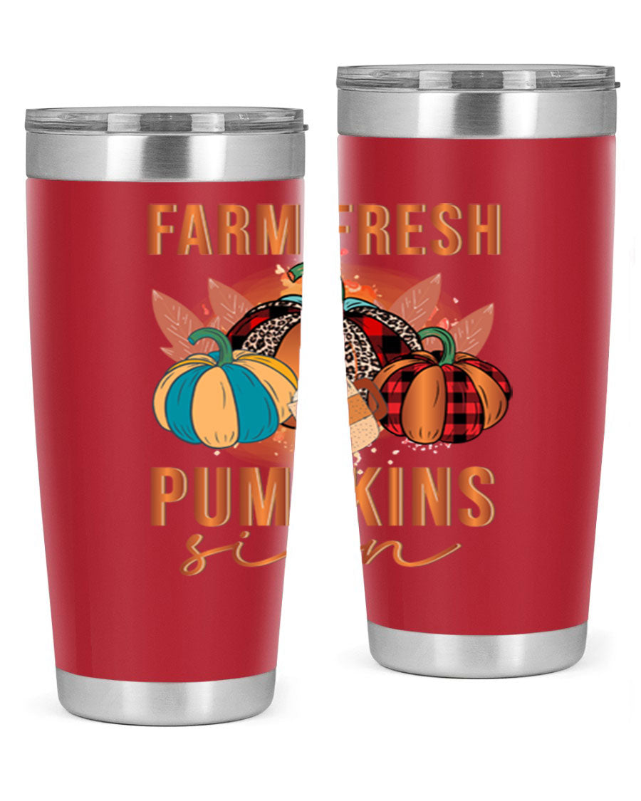 Farm Fresh Pumpkins Sign tumbler featuring a vibrant pumpkin design, made from stainless steel with a drink-thru lid.