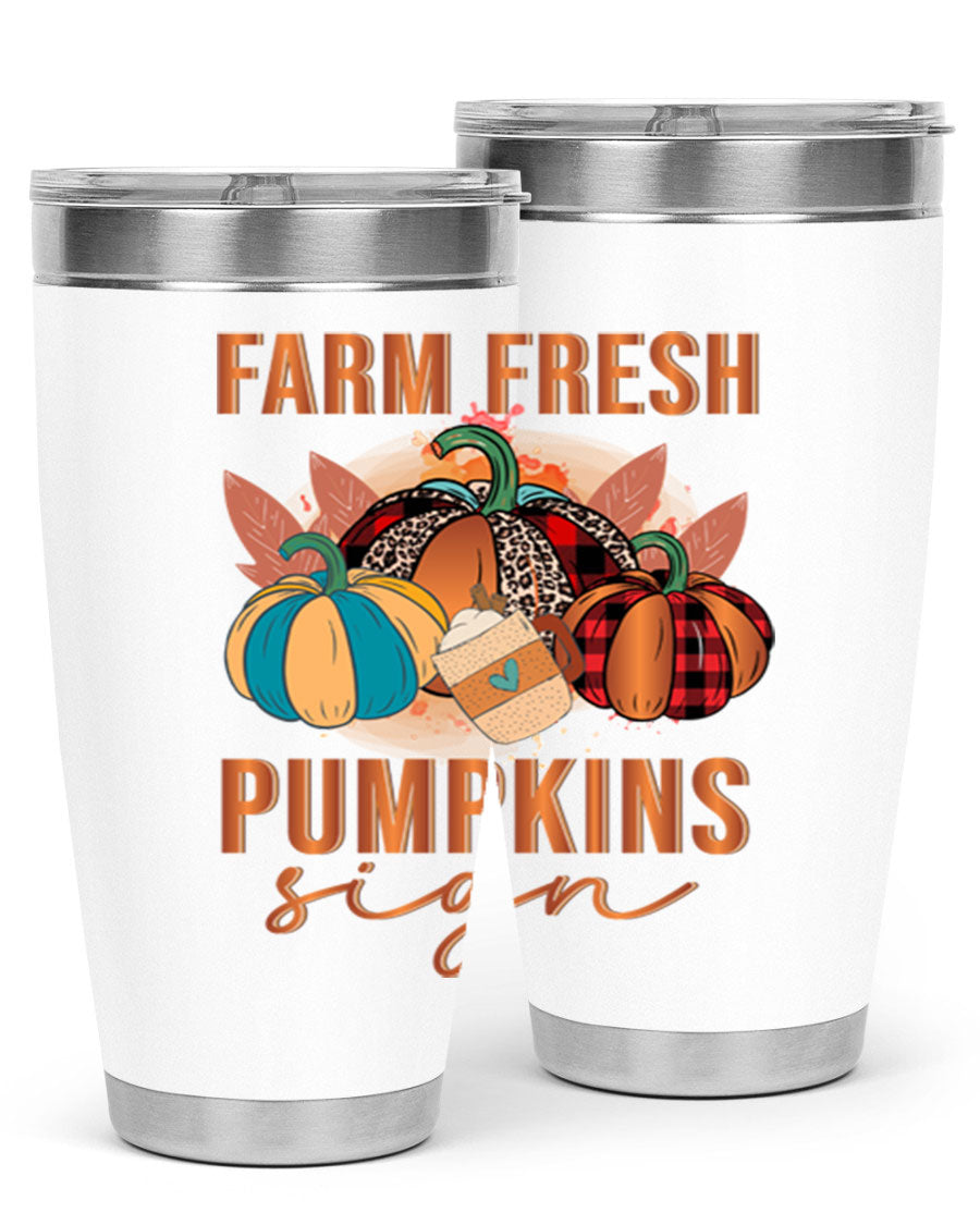 Farm Fresh Pumpkins Sign tumbler featuring a vibrant pumpkin design, made from stainless steel with a drink-thru lid.