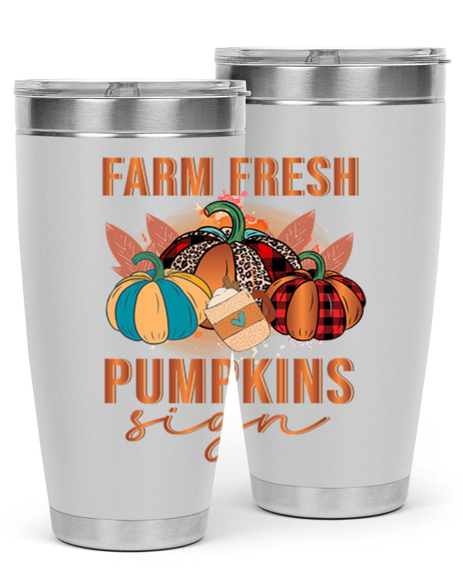 Farm Fresh Pumpkins Sign tumbler featuring a vibrant pumpkin design, made from stainless steel with a drink-thru lid.