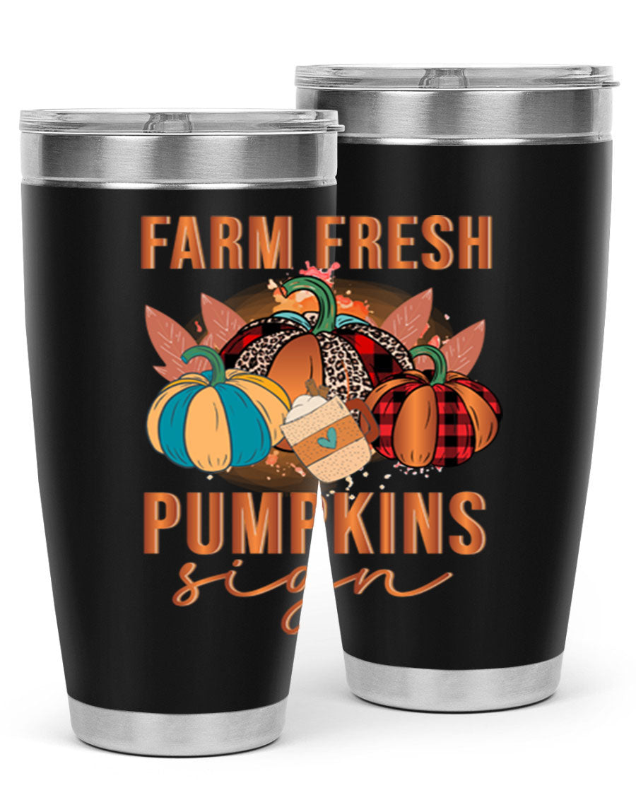 Farm Fresh Pumpkins Sign tumbler featuring a vibrant pumpkin design, made from stainless steel with a drink-thru lid.