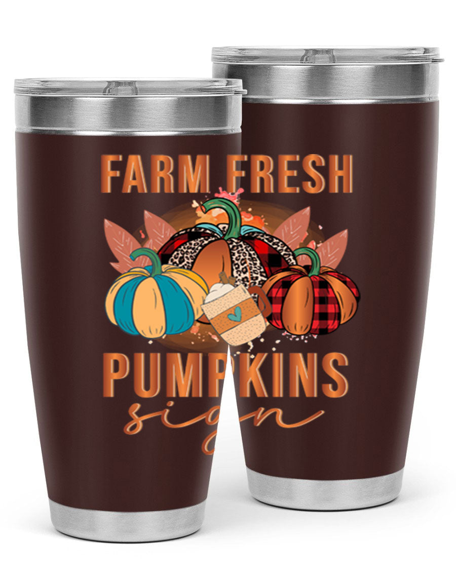 Farm Fresh Pumpkins Sign tumbler featuring a vibrant pumpkin design, made from stainless steel with a drink-thru lid.
