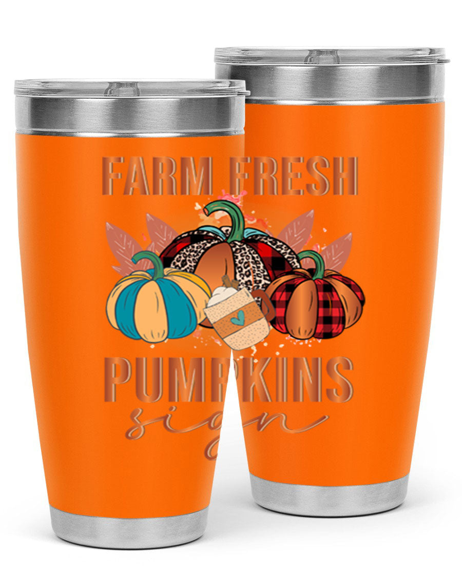 Farm Fresh Pumpkins Sign tumbler featuring a vibrant pumpkin design, made from stainless steel with a drink-thru lid.