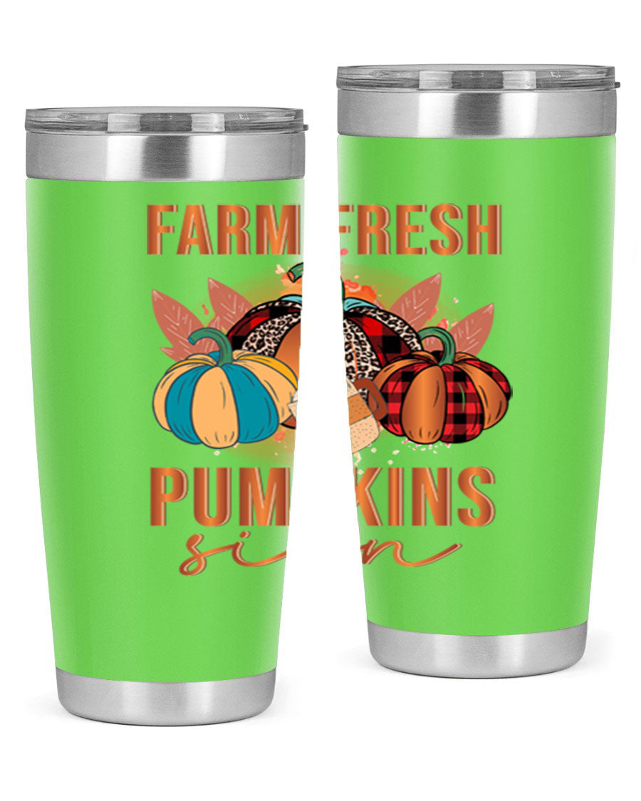 Farm Fresh Pumpkins Sign tumbler featuring a vibrant pumpkin design, made from stainless steel with a drink-thru lid.